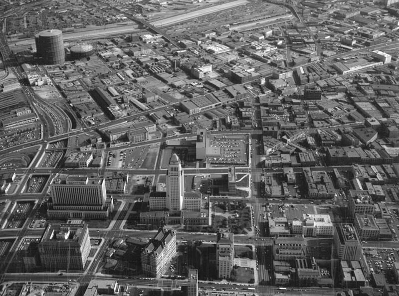 Aerial view of Civic Center, looking southeast