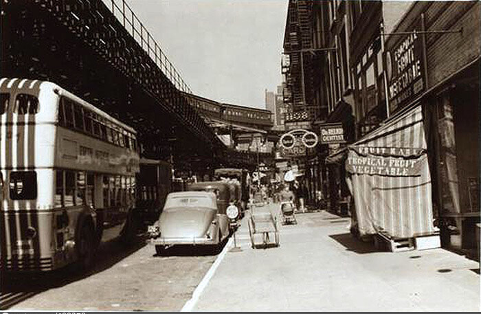 Second Avenue east side north from 58th Street, showing elevated and a motor bus.
