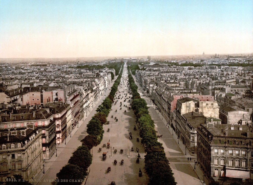 Panorama of Paris from the height of the Arc de Triomphe. Champs-Élysées