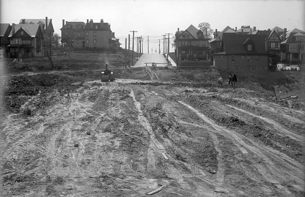 View of construction on Wilkins Avenue at Beechwood Boulevard, looking toward Denniston Street