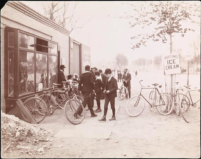 Men with bicycles at Hortons Ice Cream stand near 110th Street near Riverside Drive, New York