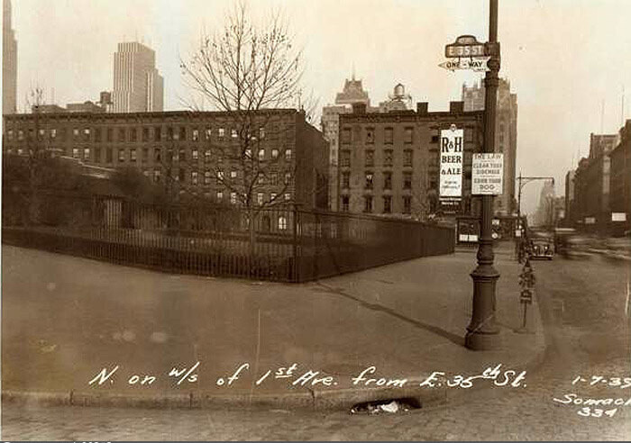 First Avenue, west side, north from E. 35th Street, showing the easterly end of St. Gabriel's Park
