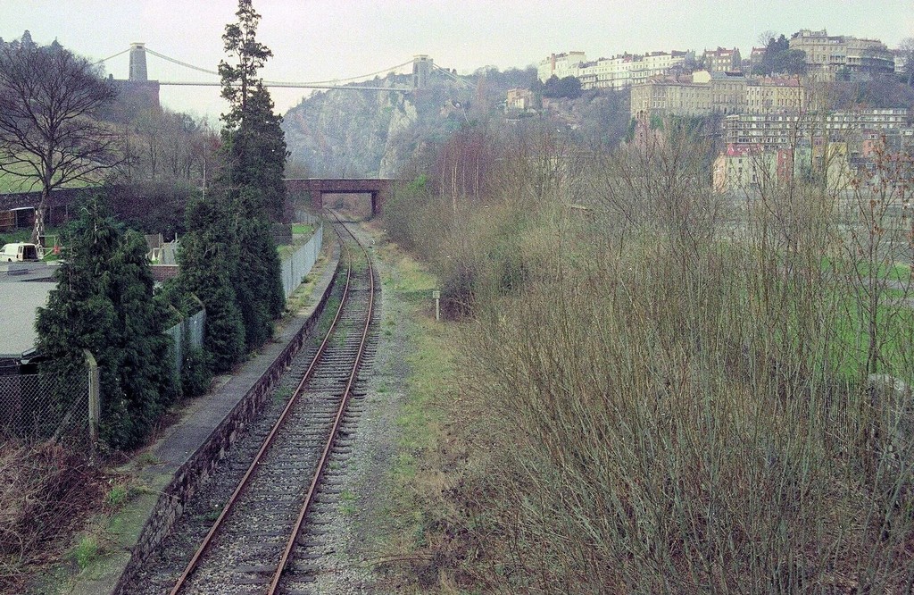 Clifton Bridge station. Looking towards Portishead with Clifton Suspension Bridge in the distance