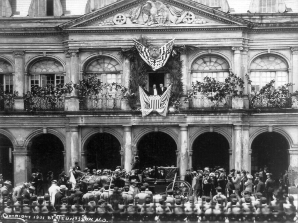 U.S. President William McKinley makes a speech from the central balcony of the Cabildo building