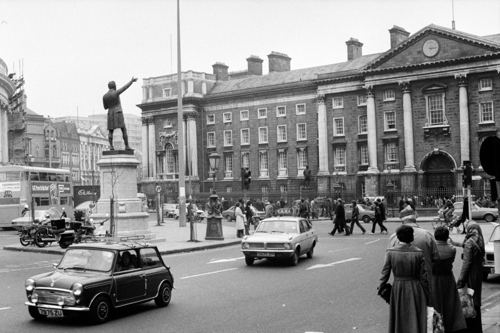 College Green with the statue of Henry Grattan. In the background Trinity College