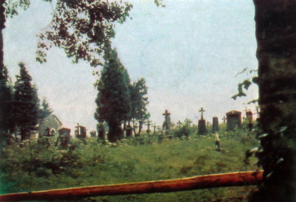 Železná Ruda. Zarostlý hřbitov s hrobkou (v pozadí)