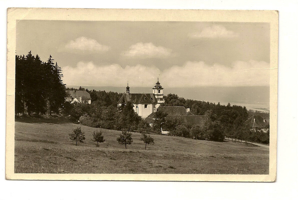 Petrovice u Rakovníka. Pohled na kostel a faru z luk pod lesem.